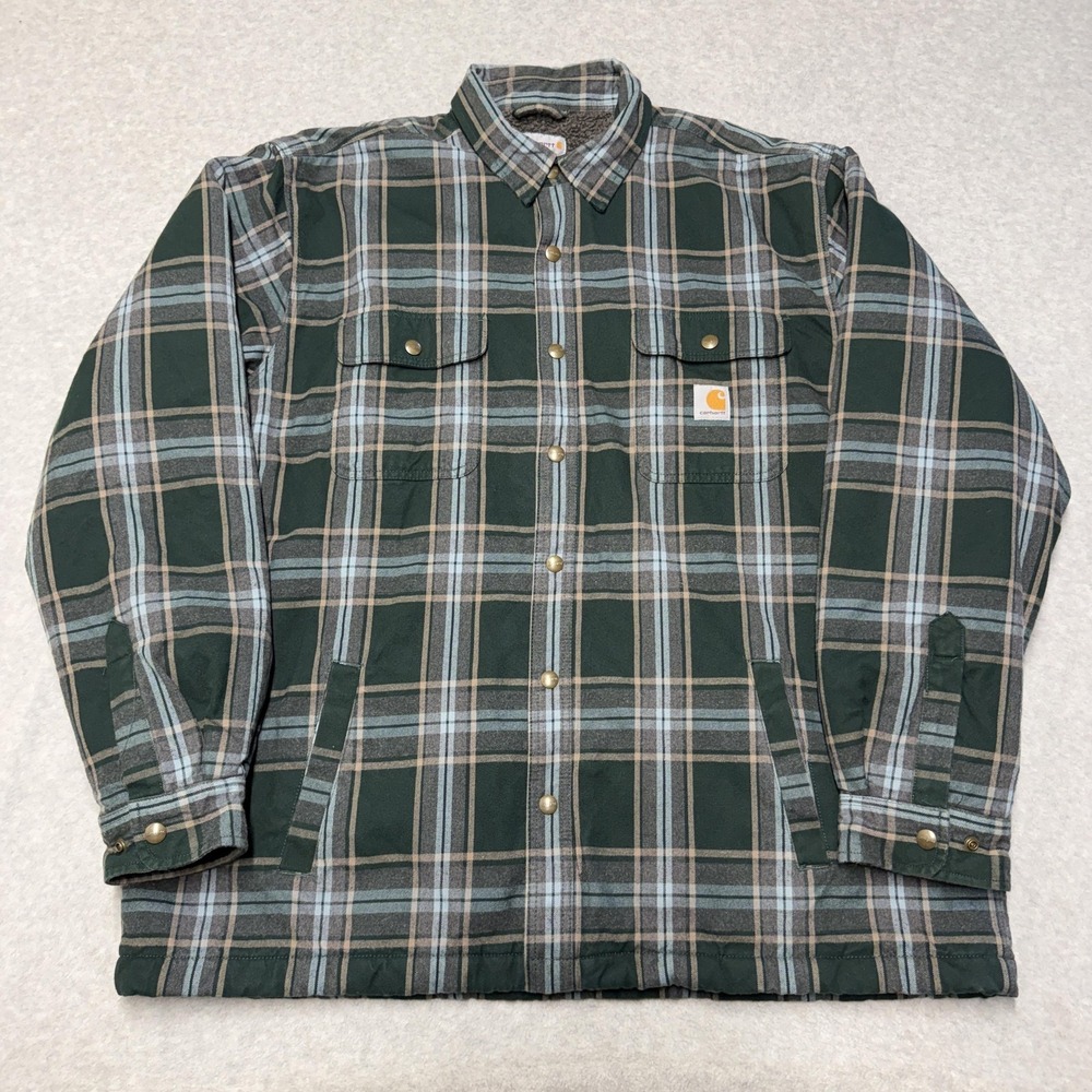 Carhartt Hubbard Shirt Mens 2XL Green Plaid Flannel Snap Sherpa Lined Shacket